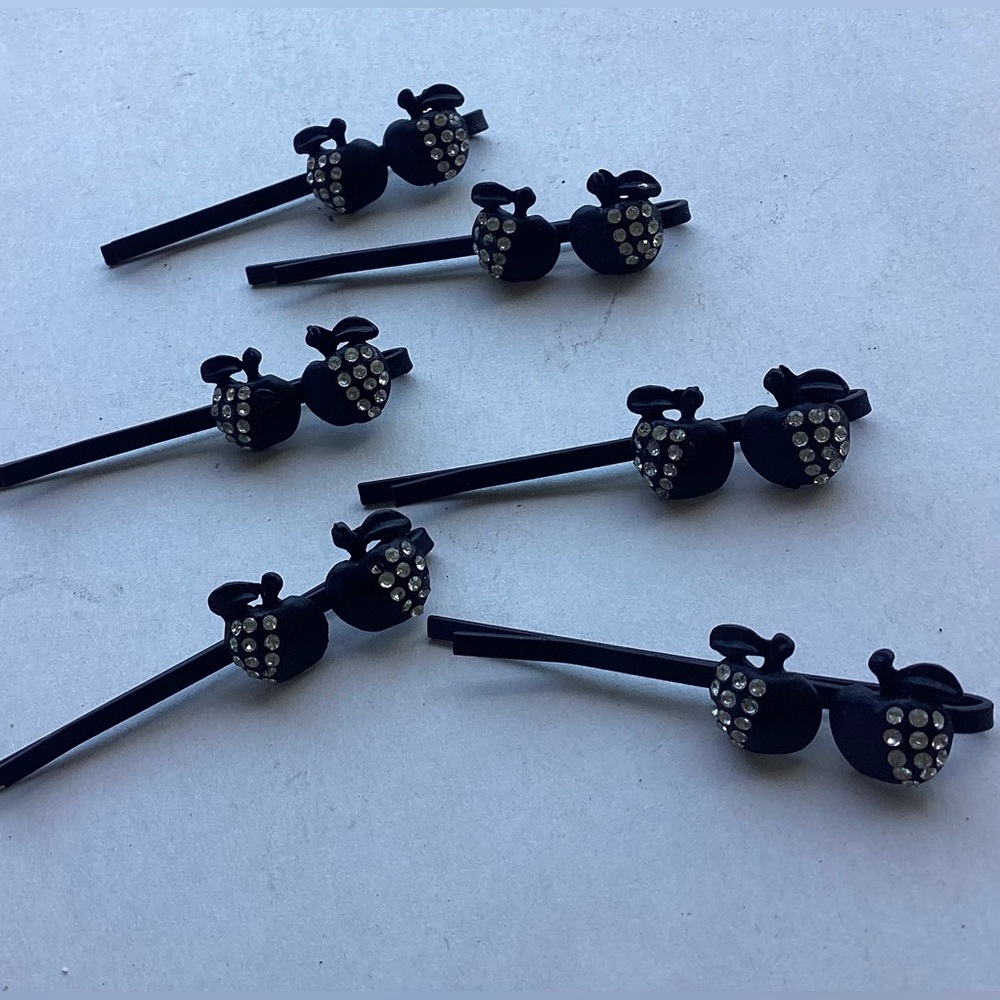 Vintage 90s black metal apples with rhinestones  hair pins